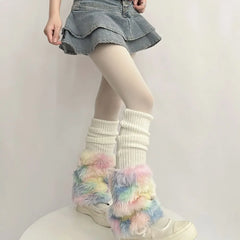 Lbsfy Cute Colorful Rainbow Leg Warmer Plush Imitation Fur Japanese Women Knitted Over Knee Tube  Winter Warm Long Leg Cover Socks