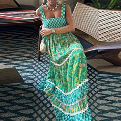LBSFY  -  Women High Waist Pleated Long Dress 2024 Summer Floral Print Bohemian Vacation Dress Ladies Fashion Strap Sleeveless Maxi Dress
