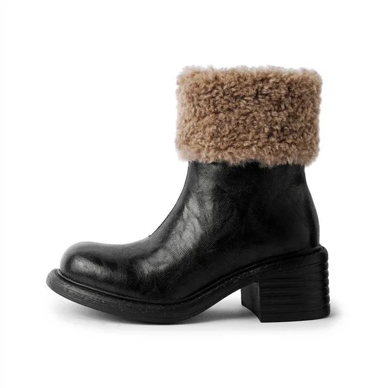 LBSFY  -  Fashion Short Boots Women's New High Quality Genuine Leather Boots Winter Warm Wool Boots Round Head High Heels Boots