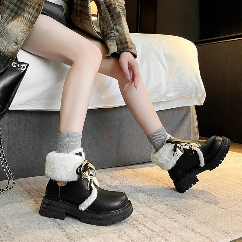LBSFY  -   Genuine Leather Snow Boots Women Lace Up Solid Color Thick Fur Warm Winter Boots Ladies Fashion Ankle Boots Shoes