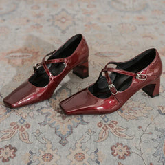 LBSFY  -  Square Toe Heeled Mary Jane Shoes Patent Leather Shallow Retro Chunky Women Shoes Cross Thin Strip Fashion Elegant Pumps Women