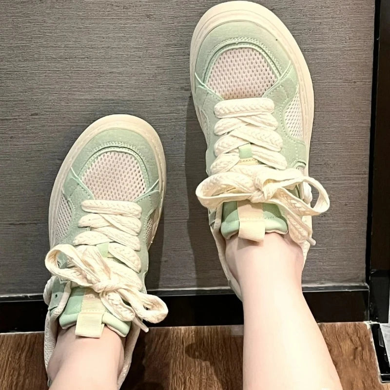 LBSFY  -  Comfortable Womens Sneakers Grid Design Breathable Lightweight Skate Shoes Versatile Lace Up Mint Green Casual Sneakers
