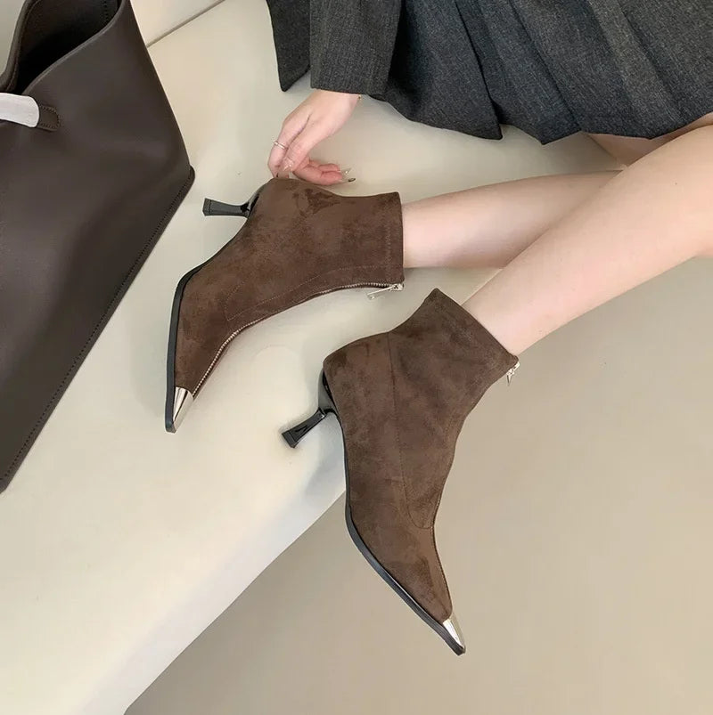 LBSFY  -  Metal Pointed Short Boots Autumn/Winter Thin Heel Front Zipper High Heel Imitation Suede Ankle Boots Short Heel Woman Shoes35-39