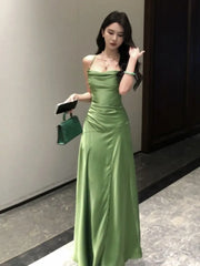 LBSFY -French Elegant Satin Women's Dresses Summer Swing-Collar Side Slit Slim Sexy Green Sling A-line Dress Party Evening Chic 2025