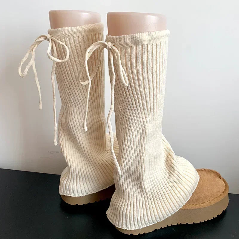 Lbsfy Sweet Ballet Strappy Wide Leg Socks Knitted Strappy Stockings Winter Warm Jk Leggings Y2K Bow Pile Socks Korea Women Calf Socks
