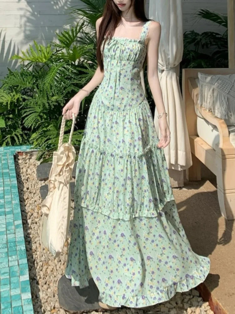 LBSFY -Vintage Elegant Floral Women's Summer Dresses Fashion Lace Up Patchwork Spaghetti Strap Long Dress Bohemain Romantic Vestidos