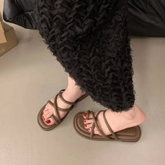 LBSFY -Summer Women Slippers Shoes Low Round Heel Narrow Band Gladiator Casual Sandal Ladies Casual Outdoor Beach Slides