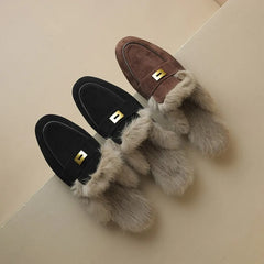 LBSFY  -  Sheep Suede Mules Women Warm Real Rabbit Fur Slip-on Autumn Winter Slippers Casual Loafers Ladies Flats Shoes