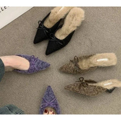LBSFY -New High Heel Plush Slides Woman Fashion Elegant Pointed Toe Lamb Hair Slippers Ladies Luxury Plush Evening Party Pump Shoes