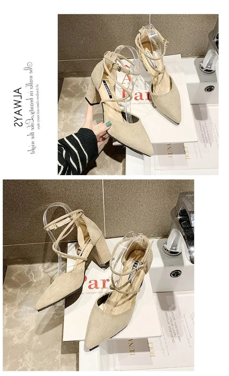 LBSFY -New Spring Autumn Women Heels Ankle Cross Strap Thick High Heel Sexy Female Shoes Casual Suede Black Pointed Toe Pumps