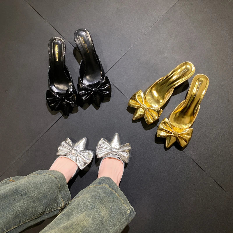 LBSFY -New Bow Women Mules Shoes Pointed Toe High Heels Slippers New Party Sandals Luxury Sexy Woman Brand Party Pumps Zapatos