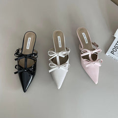 LBSFY  -  Casual Women Slippers Pointed Toe Black White Pink Bow Design Shallow Slip On Mules Shoes Thin Low Heels Summer Outside Pumps