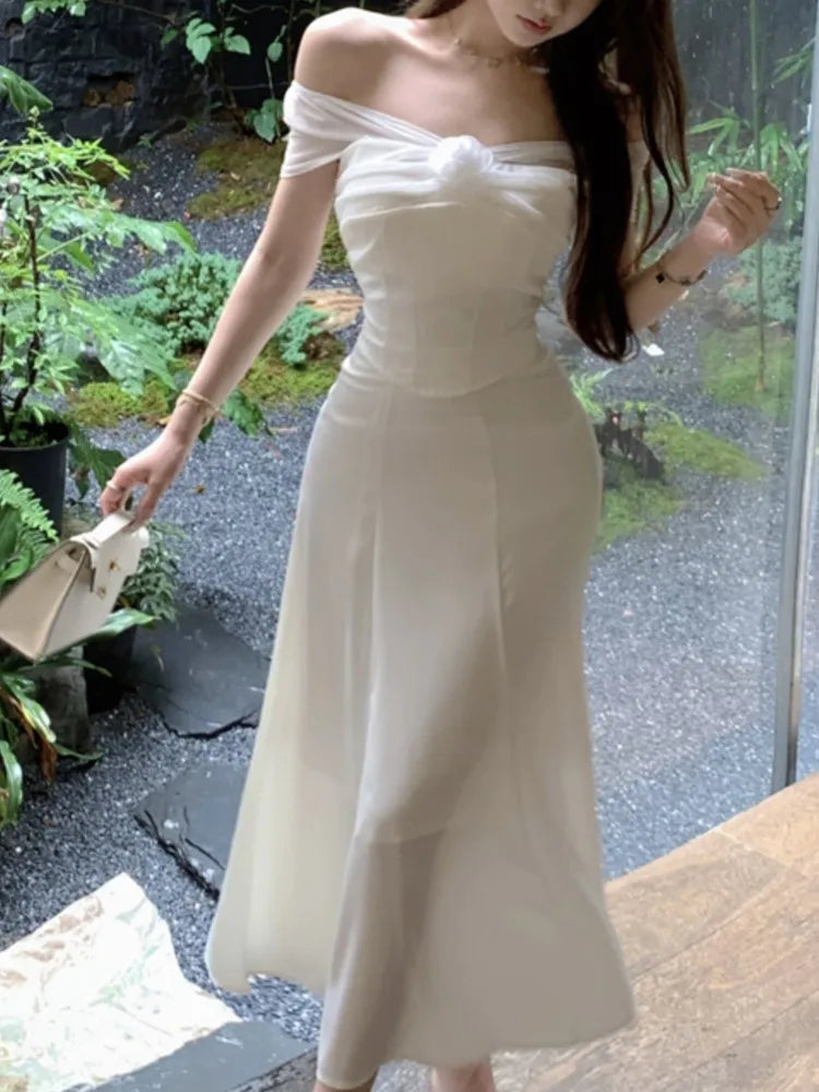LBSFY -Elegant Slash Neck Stain Mesh Top+Skirt Suits Women Fashion Evening Party Prom A-Line Skirts Female Casual Outfits Two Piece Set