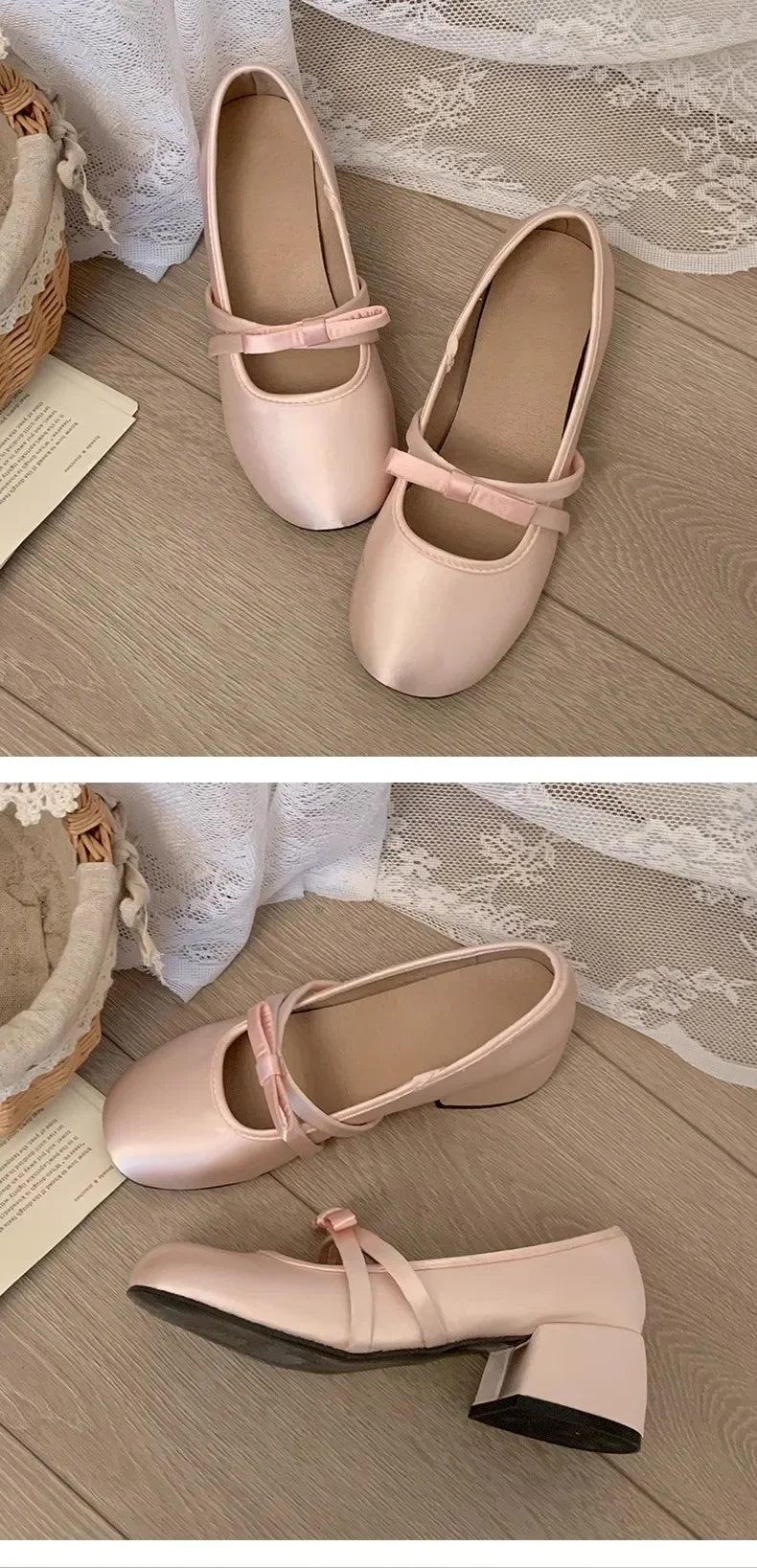 LBSFY -Women Chunky Heel Shoes New  Fashion Bowknot Strap Mid Heels Women Mary Jane Shoes Dress Shallow Mouth Ladies Ballet Shoes