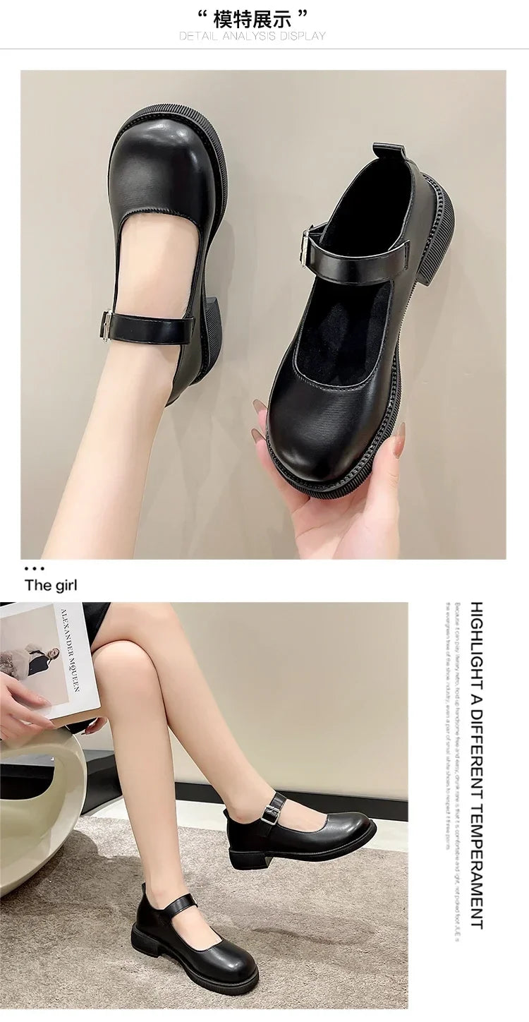 LBSFY -Women's Spring/Summer/Autumn New British Academy Style Low Heel Round Toe Mary Jane Single Shoes with Small Leather Shoes