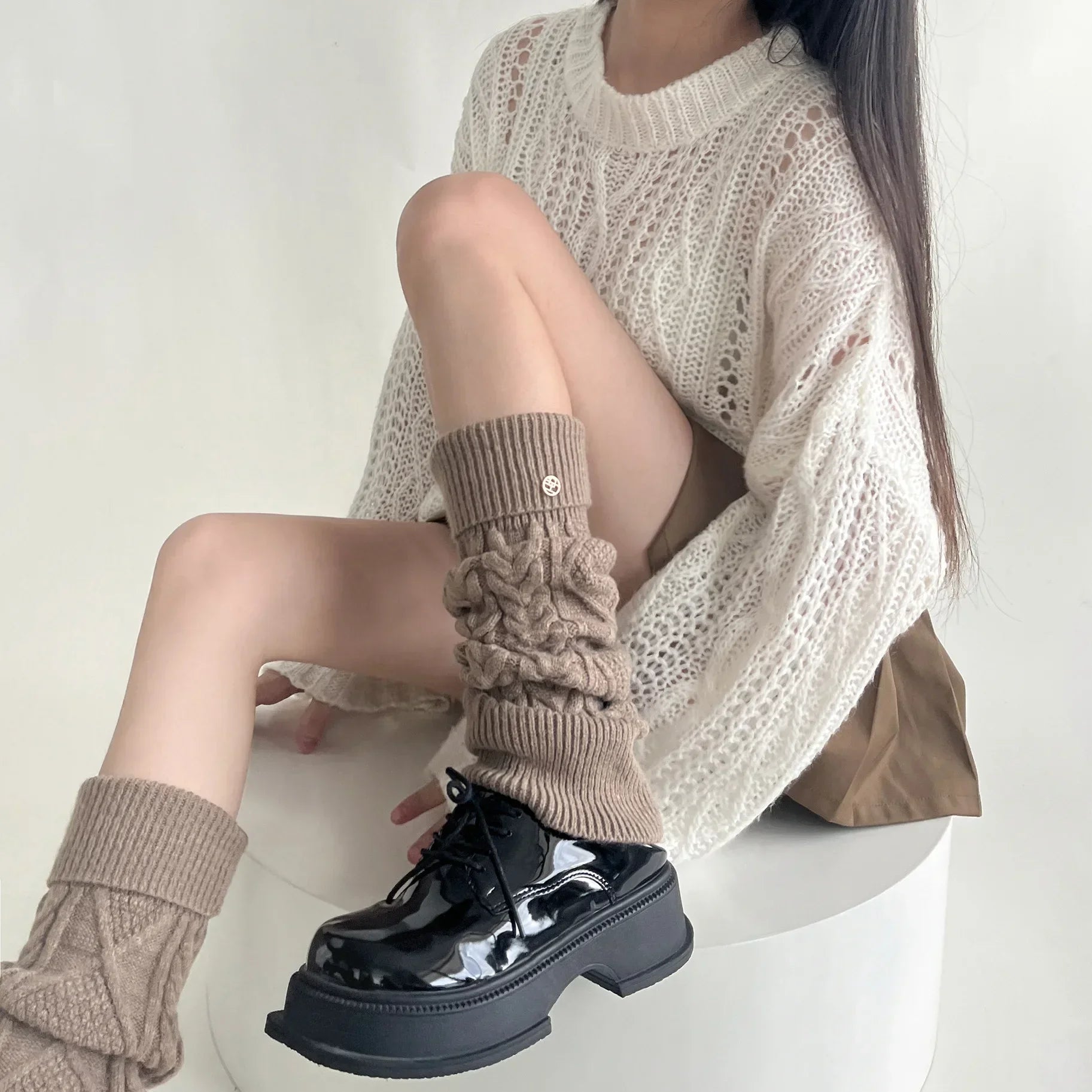 Lbsfy Korea Wool Knitted Leg Warmers Metal Label Women Calf Socks Vintage Winter Y2K Japanese Harajuku Pile Long Socks Leg Covers