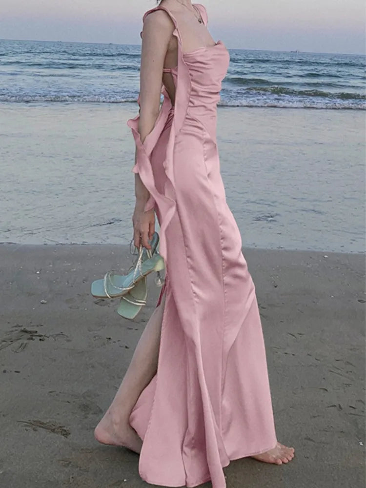 LBSFY -Sweet Pink Backless Womens Dresses Sexy Spaghetti Strap Sleeveless Wedding Evening Dress Elegant Gown Female Split Vestidos New