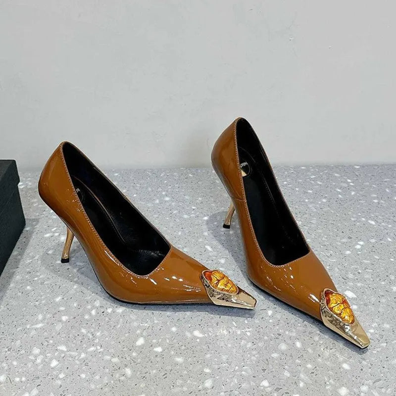 LBSFY  -  2025 New Luxury Gemstone Patent Leather Metal Square toe Women Pumps Fashion Office Thin High heels Female Party Banquet Shoes