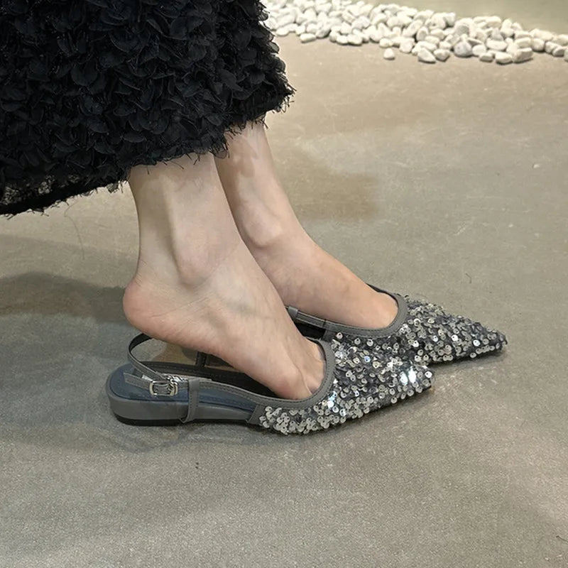 LBSFY  -  New Bling Women Sandals Fashion Pointed Toe Shallow Slip On Ladies Elegant Slingback Shoes Flat Heel Dress Shoes Mujer