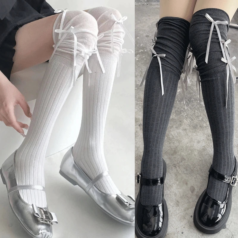 Lbsfy Lolita Long Socks Women Bandage Ribbon Bow Sweet Girls Kawaii Cute Middle Tube Socks Ballet Style Solid Color Black White Socks