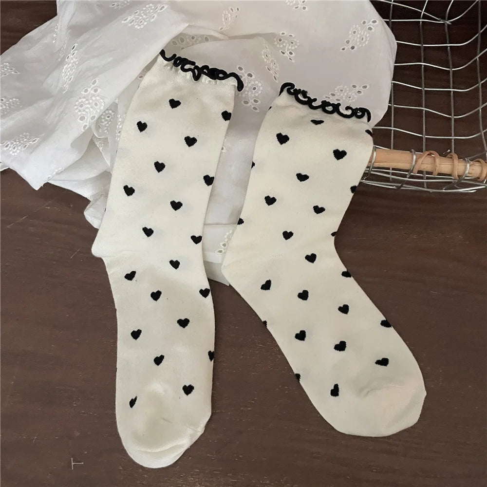 Lbsfy New Women Socks Cotton Ruffle Love Print Socks Middle Tube Autumn Spring Winter Sweet Style Socks Japanese Girls Socks