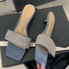 LBSFY -Summer Fashion Bling CRYSTAL Diamonds Square Toe Women Slippers Low Heels Party Dress Mules Slide Shoes