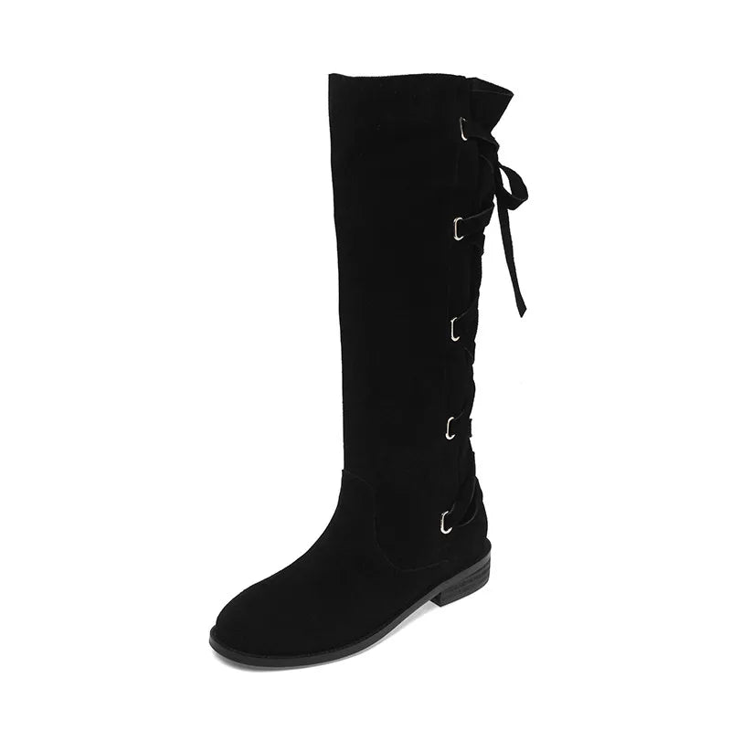 LBSFY  -  Fashion Knee Length Women Boots New High Quality Suede Round Head Back Strap Low Heel Long Boots Commuter Modern Boots