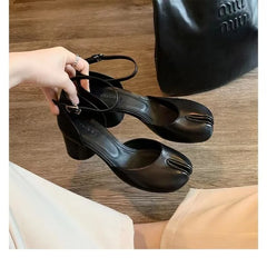 LBSFY -Fashion Tabi Ninja Shoes WomenRound Split Toe Shallow Thick Heel Sandals Single Mid Heel Mary Janes Shoes Female Pumps