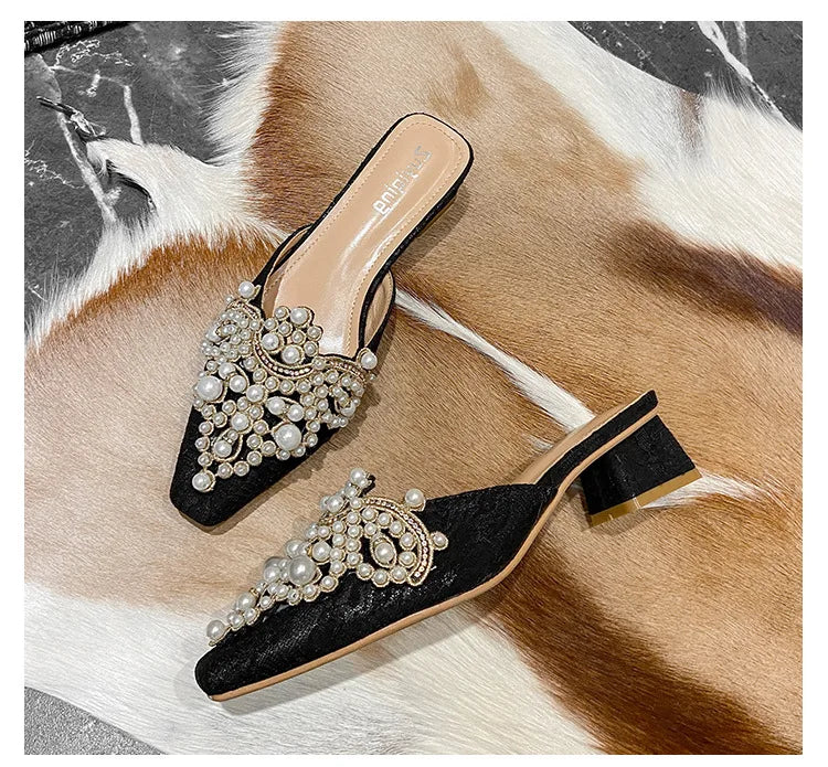 LBSFY -Pearl Half Slippers Women Shoe Autumn Rhinestone Chunky Mid Heel Slipper Sandals Fashion Muller Casual Versatile Single Shoes