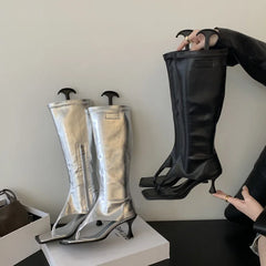 LBSFY -Spring Autumn Fashion Square Head High Women's Boots with Toe Clamp Thin Low Heels Heels Cool Boots Botas Femininas