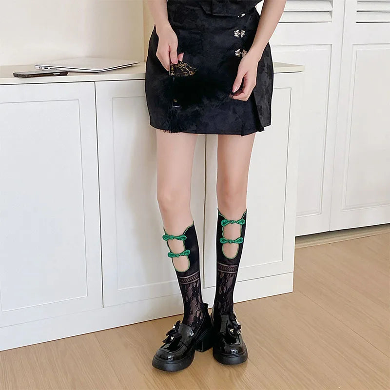 Lbsfy Women's Socks Spring Summer New Chinese Vintage Cheongsam Disc Buckle Fashion Sock Mid-tube Socks Thin Sweet Lace Mesh Pile Sock