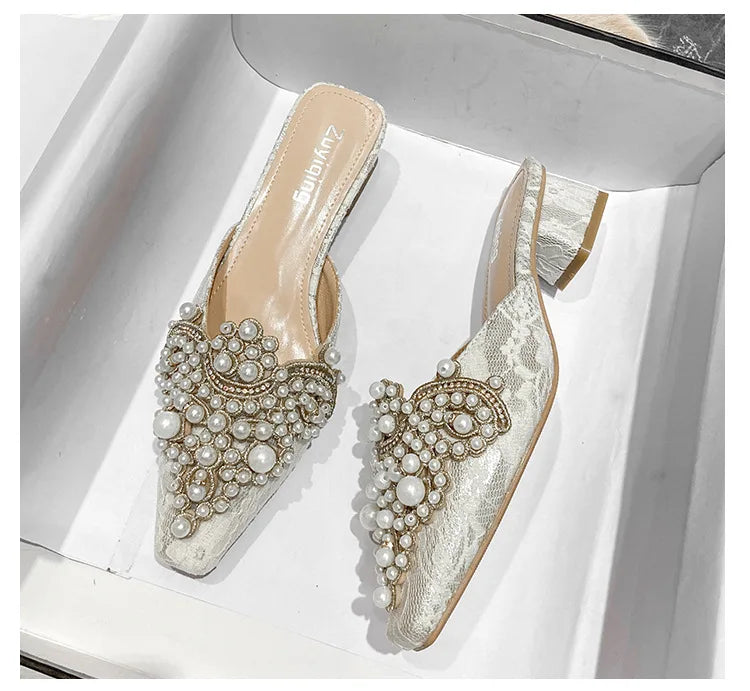 LBSFY -Pearl Half Slippers Women Shoe Autumn Rhinestone Chunky Mid Heel Slipper Sandals Fashion Muller Casual Versatile Single Shoes