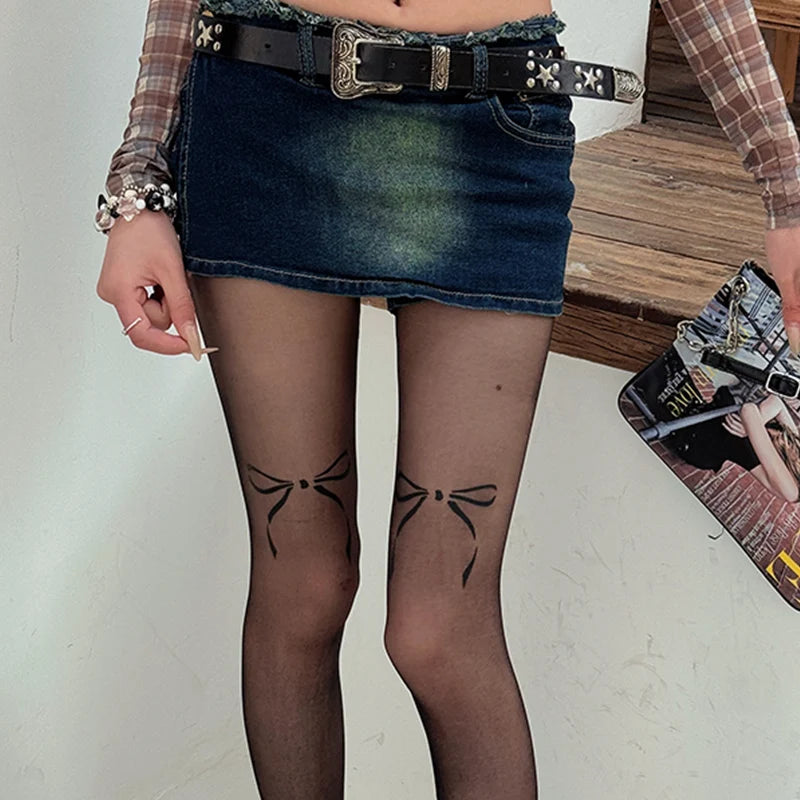 Lbsfy Women Tattood Stockings Korean Bow Printed Silk Tights Socks Sexy Print Pantyhose Japanese Lolita JK Cosplay Party Black Tights