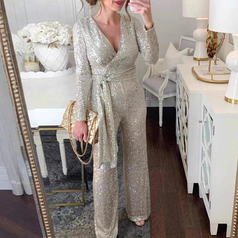 LBSFY  -  New Fashion Long Sleeved Lace Up Playsuit 2024 Casual Solid Straight Party Jumpsuit Sexy Ladies V Neck Shiny Sequin Slim Romper