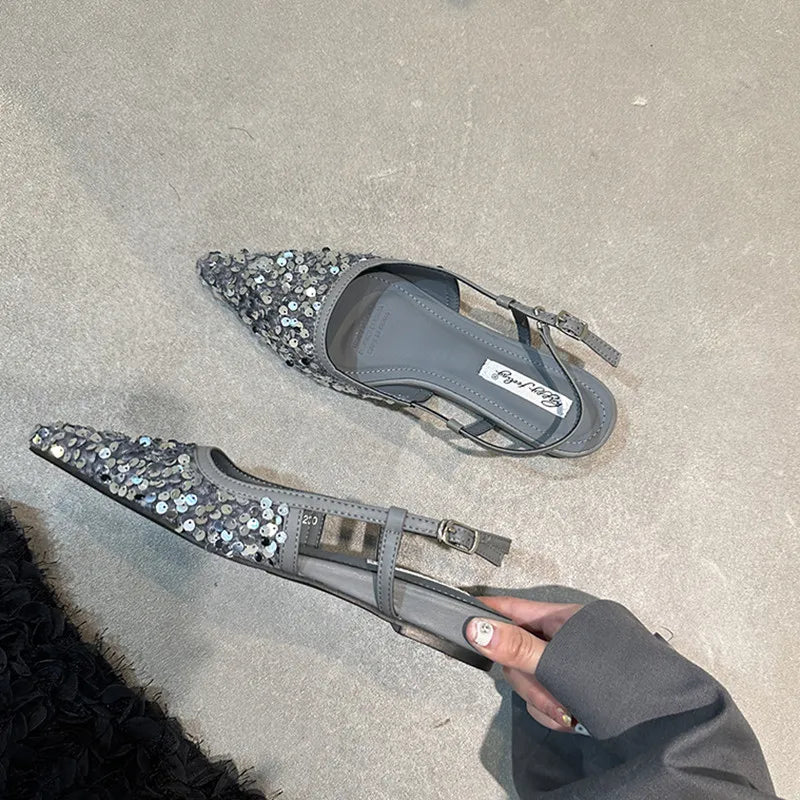 LBSFY  -  New Bling Women Sandals Fashion Pointed Toe Shallow Slip On Ladies Elegant Slingback Shoes Flat Heel Dress Shoes Mujer