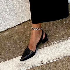 LBSFY -Women's Pointed Toes Pumps Mid Chunky Heels Slingback Sandals Shoes Summer New Vintage Woman Lady Female Sandals Slippers Shoes