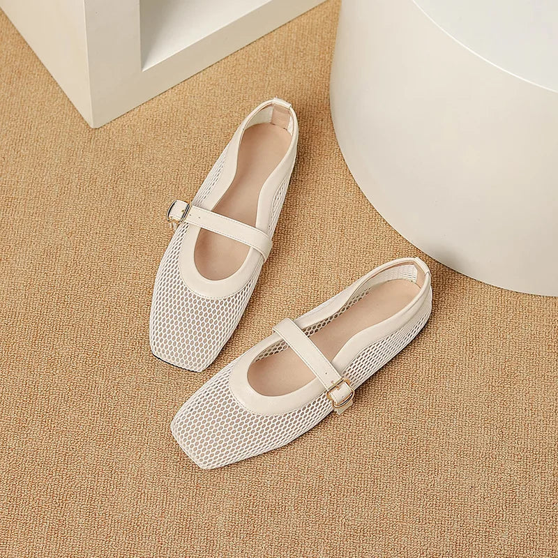 LBSFY  -  Fashion Square Toe Mesh Ballet Flats Buckle Strap Mary Janes Breathable Hollow Out Single Shoes Female Flat Bottom Casual Shoes