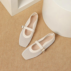 LBSFY  -  Fashion Square Toe Mesh Ballet Flats Buckle Strap Mary Janes Breathable Hollow Out Single Shoes Female Flat Bottom Casual Shoes
