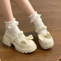 LBSFY -Japanese Style bowknot JK Thick Heel Mary Jane Women's Shoes Summer Vintage French Slip-On PU Leather Chunky Cosplay Pumps