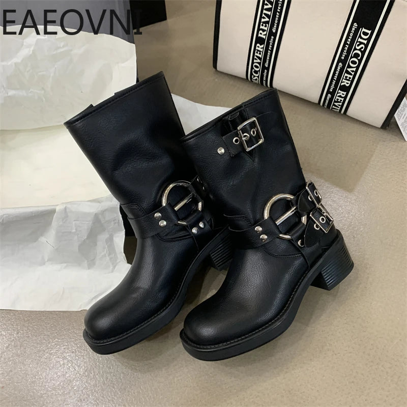 LBSFY  -  2024 Winter Short Boots For Women Fashion Belt Buckle Biker Boots Female Elegant Square Heel Women's Knight Bootties