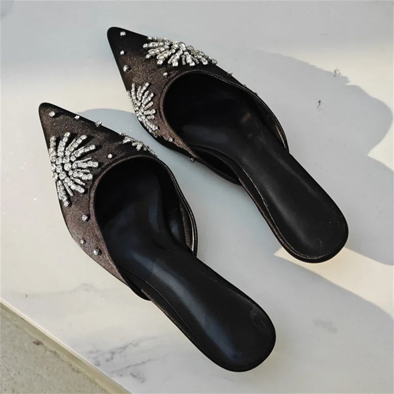 LBSFY  -  Fashion Crystal Diamond Pointed Toe Mules Women Slippers Elegant Thin Low Heels Casual Dress Shoes Large Size 35-43