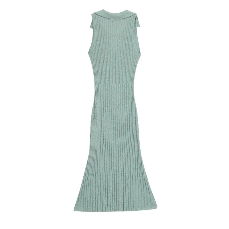 LBSFY -fit V-neck sleeveless long dress turn down collar tight green knitting summer dress simple casual female clothing