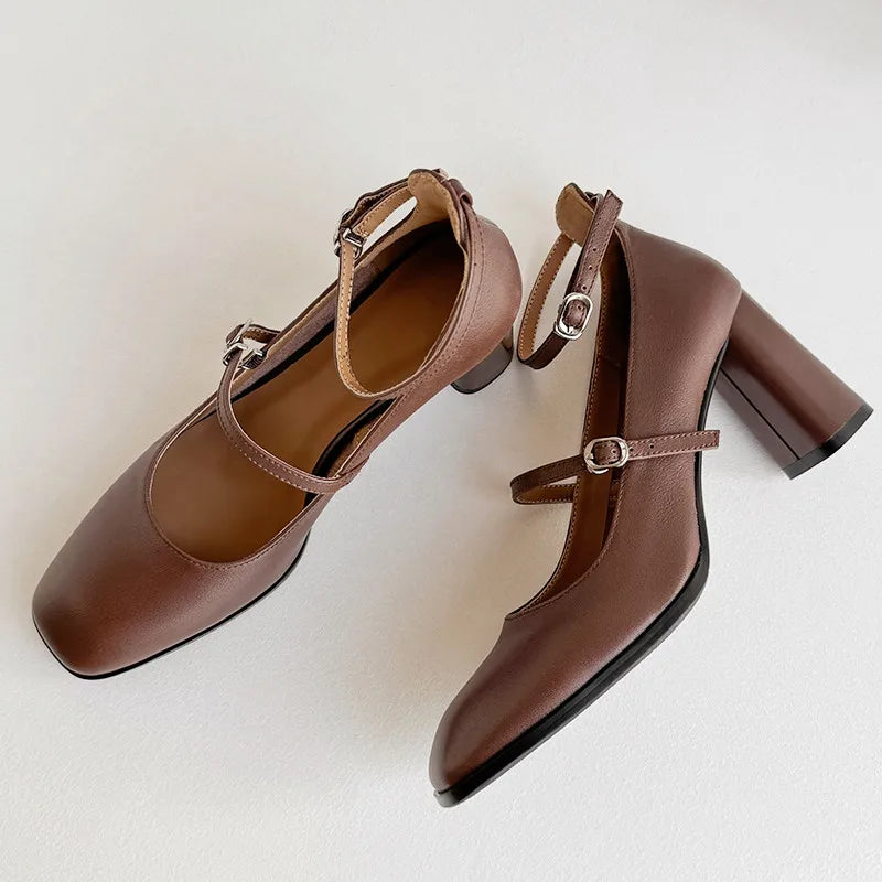 LBSFY  -  Fashion Pumps New High Quality Genuine Leather Elegant Mary Jane Shoes Ankle Buckle High Heels Modern Women's Shoes