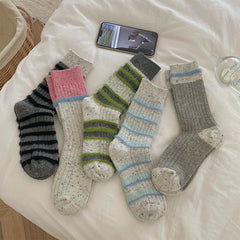 Lbsfy 5 pieces Wool Winter Thick Warm Cute Socks Cotton Korean Stripe Designer Socks Middle Tube Kawaii Casual Harajuku Women Socks