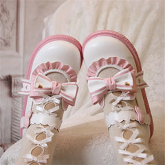 LBSFY  -  Japanese Sweet Lolita Girl Shoes Cosplay Kawaii Loli Round Head Flat Bottom Embroidery Letters Bowknot Ruffle 4cm Princess Shoes