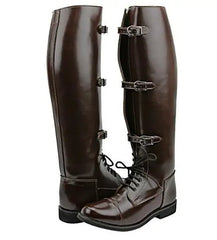 LBSFY  -  Men's Fashion Brown Black Coffee Solid Color Round Toe Belt Buckles Lace Up Flat Knee High Boots Male Cross Tied Motorcycle Shoe