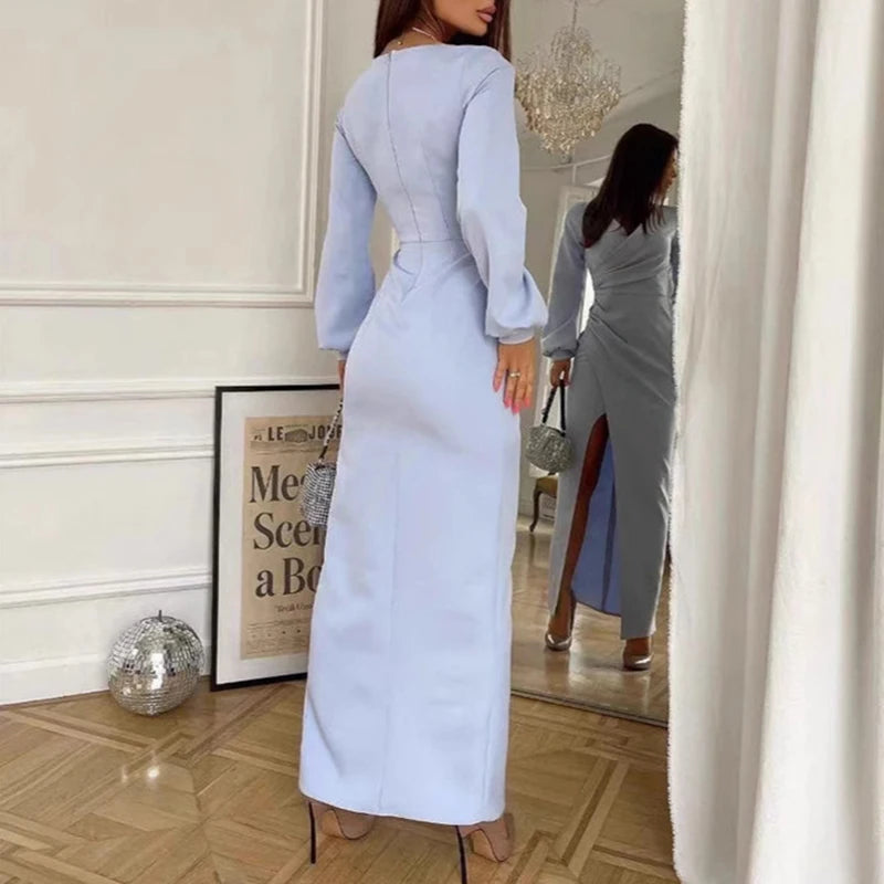 LBSFY  -  Casual Long Sleeve Slim Evening Dress Women Elegant Deep V-neck Split Long Dress Fashion Hight Waist Draped Solid Party Dresses