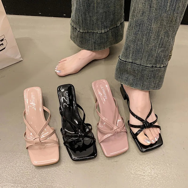 LBSFY -New Style Fashion Women's Shoes Peep Toe Square Toe Women's Slippers Outdoor Stiletto Heel Cross Thin Strip Modern Slippers