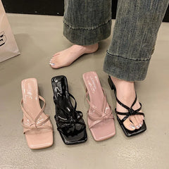 LBSFY -New Style Fashion Women's Shoes Peep Toe Square Toe Women's Slippers Outdoor Stiletto Heel Cross Thin Strip Modern Slippers