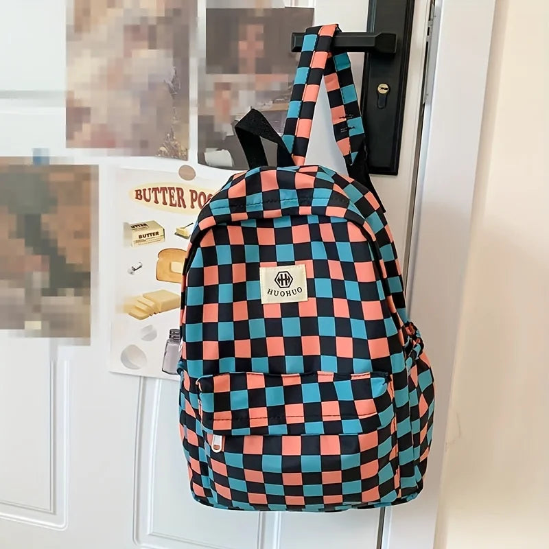 LBSFY -Leisure Backpack Korean Version Checkered Contrasting Color Design, Daily Same Class Backpack, Casual Simple Middle and High Sch